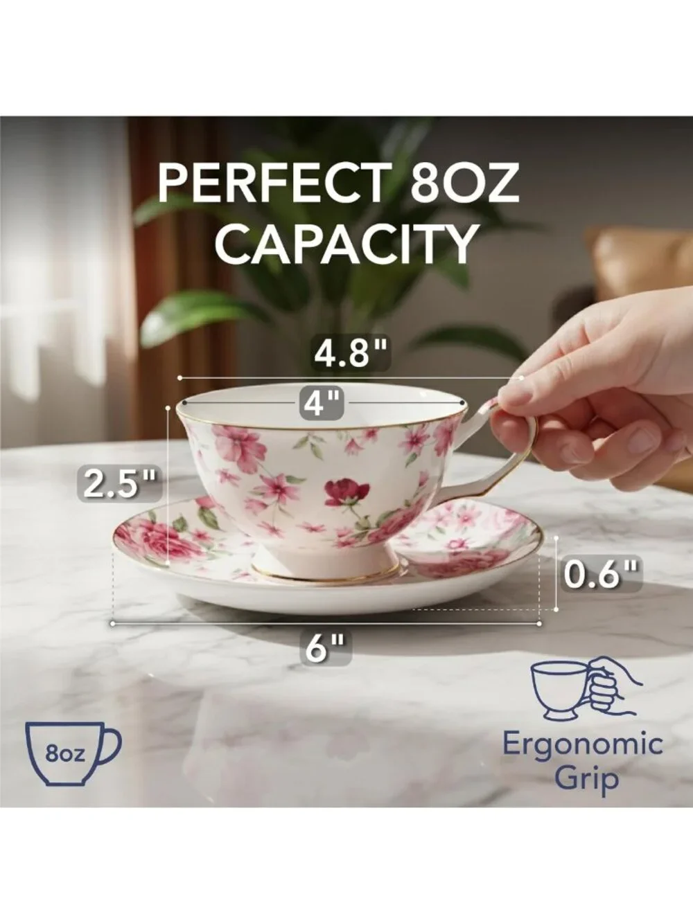 Floral Porcelain Tea Cups & Saucers Set of 6 | 8 oz, Gold Trim, Dishwasher Safe
